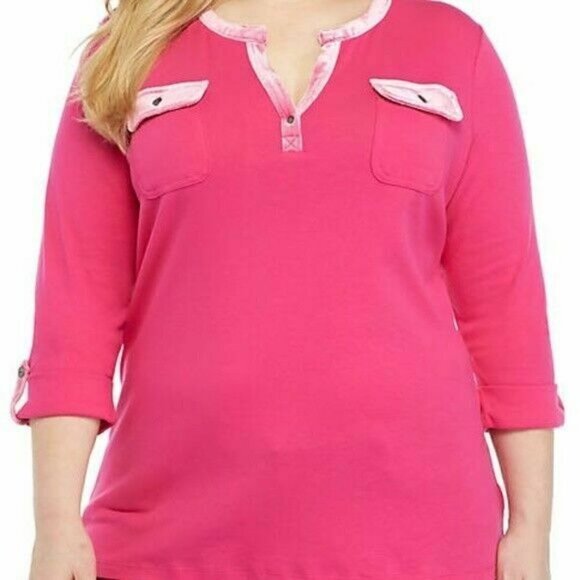 𝅺kim Rogers Pink Velvet Trim Split Neck Long Sleeve Jersey Top Plus Size 1X NWT - Picture 3 of 9